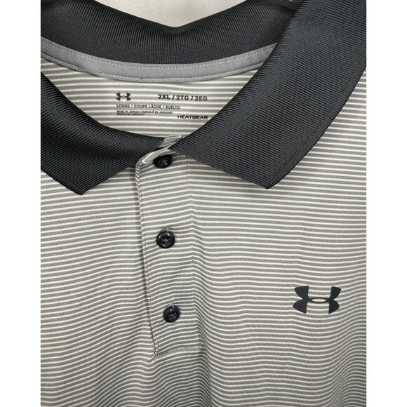 Under Armour HeatGear Polo Shirt Mens 2XL Gray Striped Loose Fit Golf - Picture 2 of 8